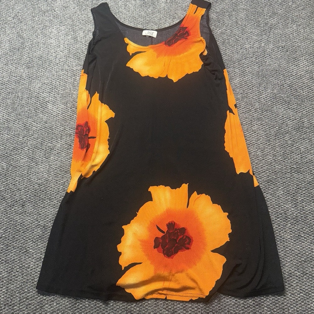 Vtg Jostar Orange Floral Black Dress Stretch 90’s Tropical Boho Tunic Flower L